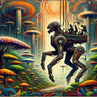 The primary subject of the image is a large, mechanical, robotic creature with a face and a group of people riding on it. The setting is a forest with mushrooms and trees surrounding the robot. The visual style is a digital art illustration, giving the scene a surreal and fantastical atmosphere. The dominant colors are a mix of earthy tones, such as greens and browns, and the vibrant colors of the robot and the people riding on it.